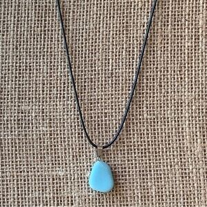 Blue Angelite Pendant Necklace Natural Freeform Tumbled Stone on Cord Chain 20"